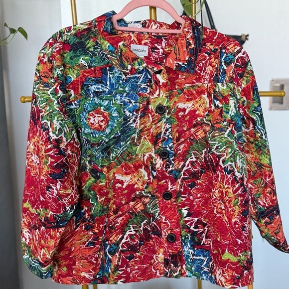 Chico's Jackets & Blazers - Chico's Multicolor Abstract Jacket Silk and Cotton Blend 🌱